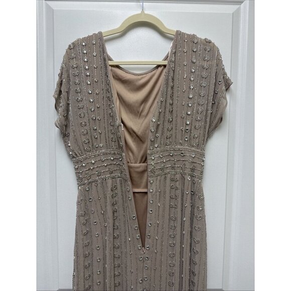 Mac Duggal Size 8 Beige 93649 Beaded Cap Sleeve Column Gown Midi Dress $498 New - Picture 12 of 14